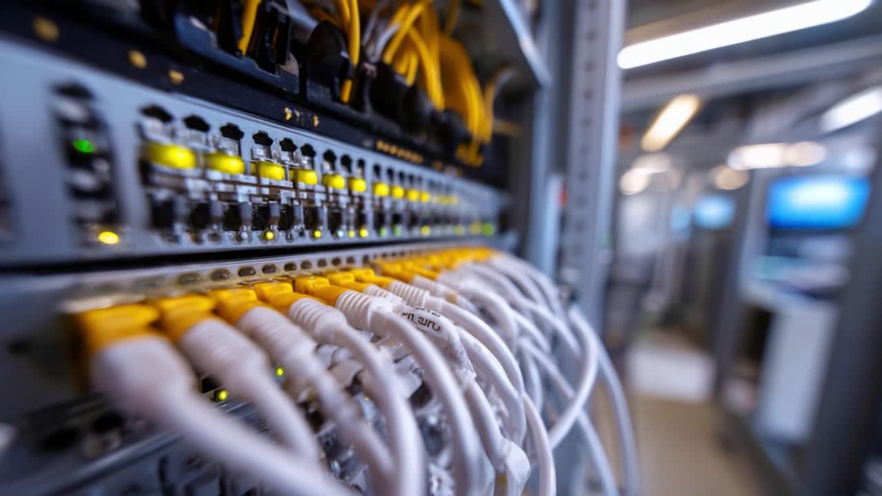 A Close-Up View of a Network Switch With Yellow Ethernet Cables and LED Indicators in a Data Center Setup, Highlighting Connectivity and Technology Infrastructure