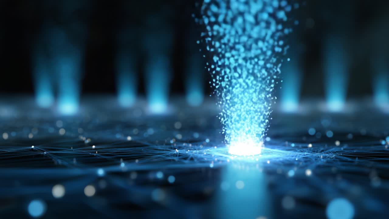 An ethereal burst of glowing particles emerges from a digital base, illuminating the surrounding network of lines and connections in a mesmerizing display of technology