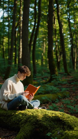 young person reading a book on a mossy log in a tranquil forest