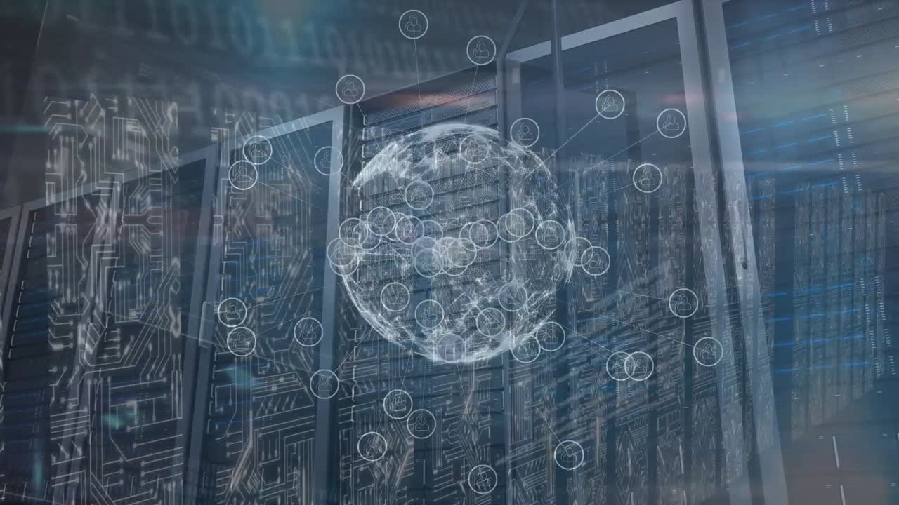Animation of network of connections with icons and globe over server room