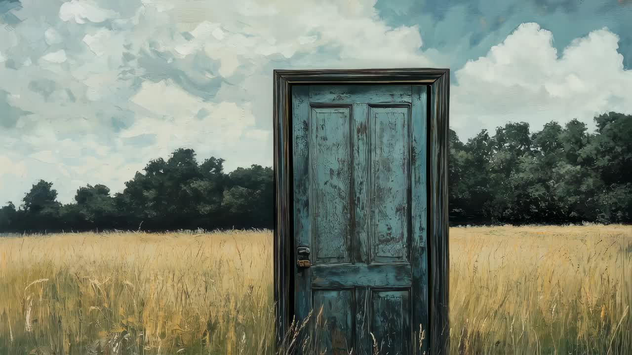 Bright light progressively illuminating from behind a closed, weathered, blue wooden door standing in the middle of a field, suggesting a mysterious and surreal atmosphere