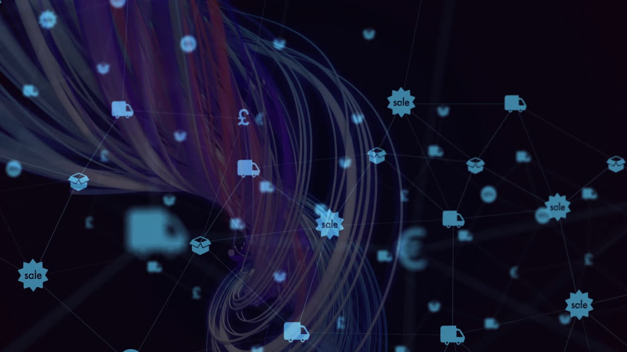 Animazione di una rete di connessioni con icone su scie luminose