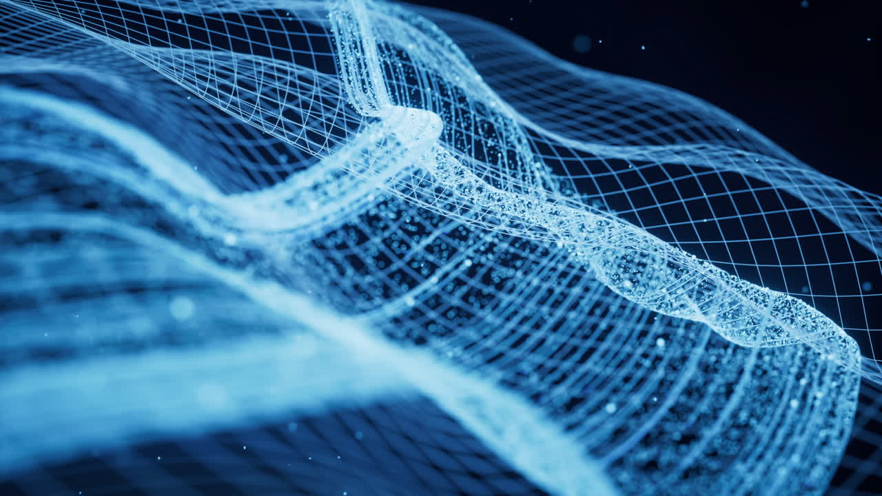 Flowing particles with glowing lines, 3d rendering.