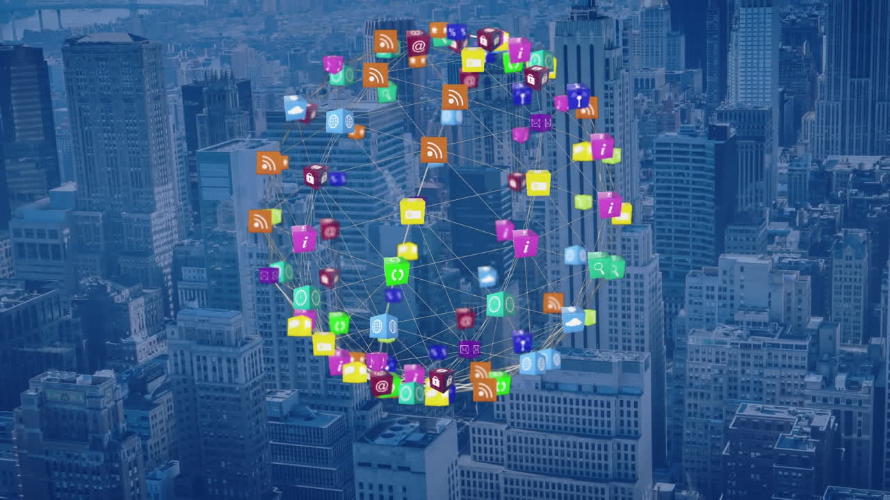 도시 풍경 위에 온라인 디지털 아이콘으로 형성 된 지구의 애니메이션