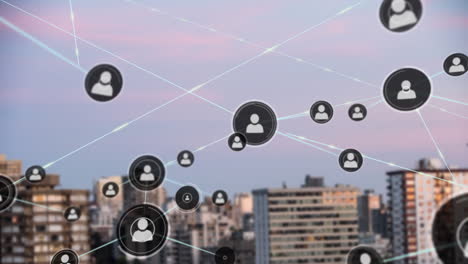 animación de la red de conexiones con las personas iconos sobre el paisaje urbano