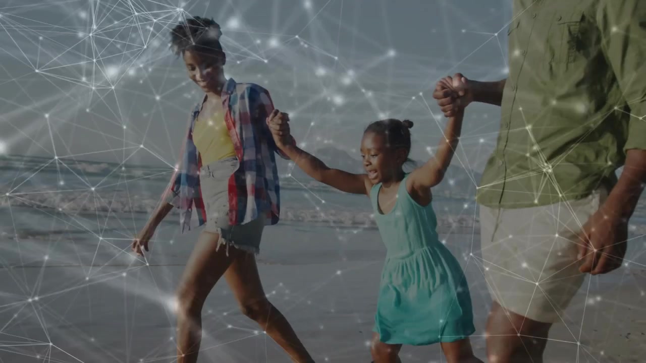 Parents' hands swinging then walking child on wet shore, web overlay showing tech family bond