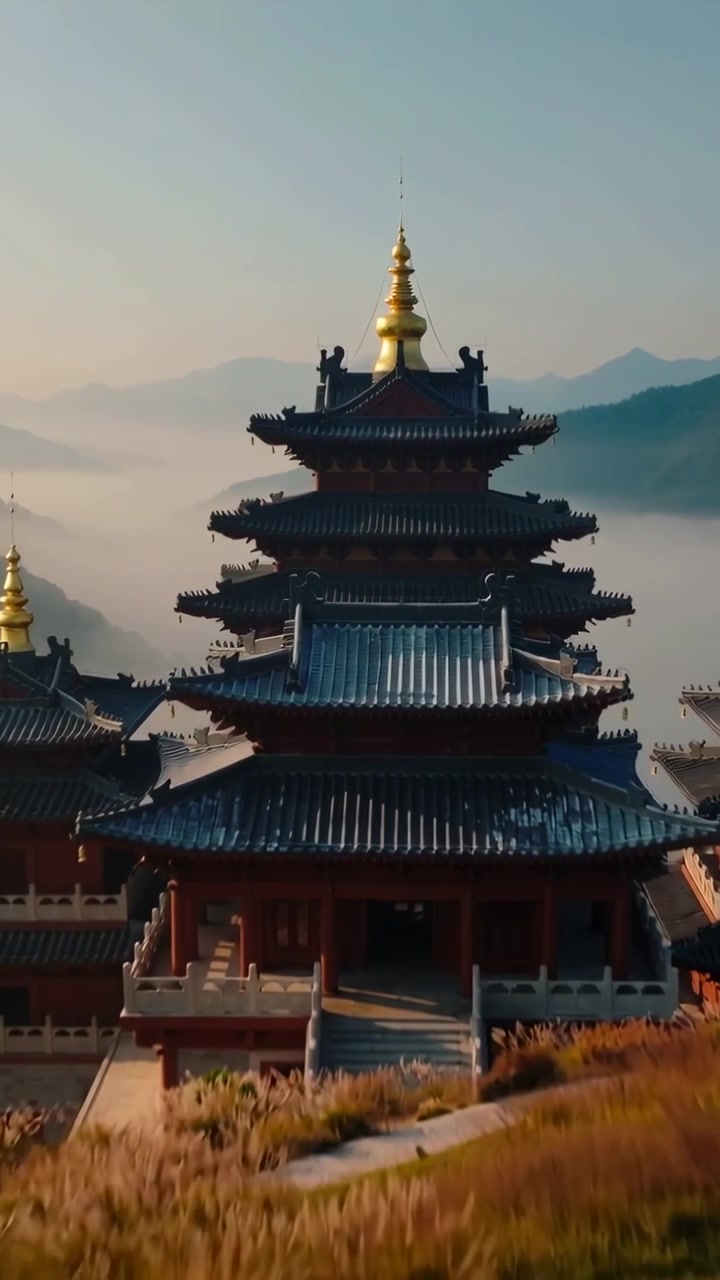 Video verticale: La telecamera si allontana rivelando una pagoda centrale su una collina, mostrando la guglia e le scale.
