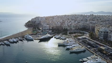 aerial drone shot of yachts in port of piraeus athens greece, 4k