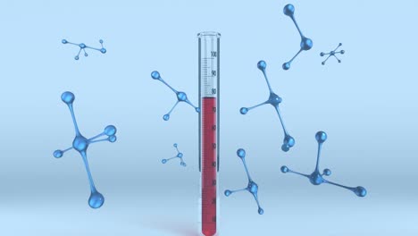 animación de un tubo de ensayo lleno de sangre y nucleótidos flotantes sobre un fondo azul