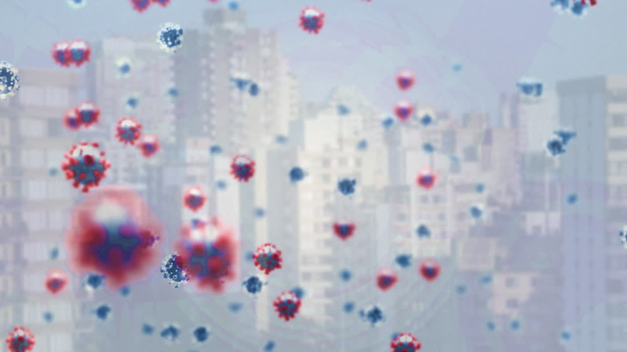 Animation of coronavirus cells floating over cityscape