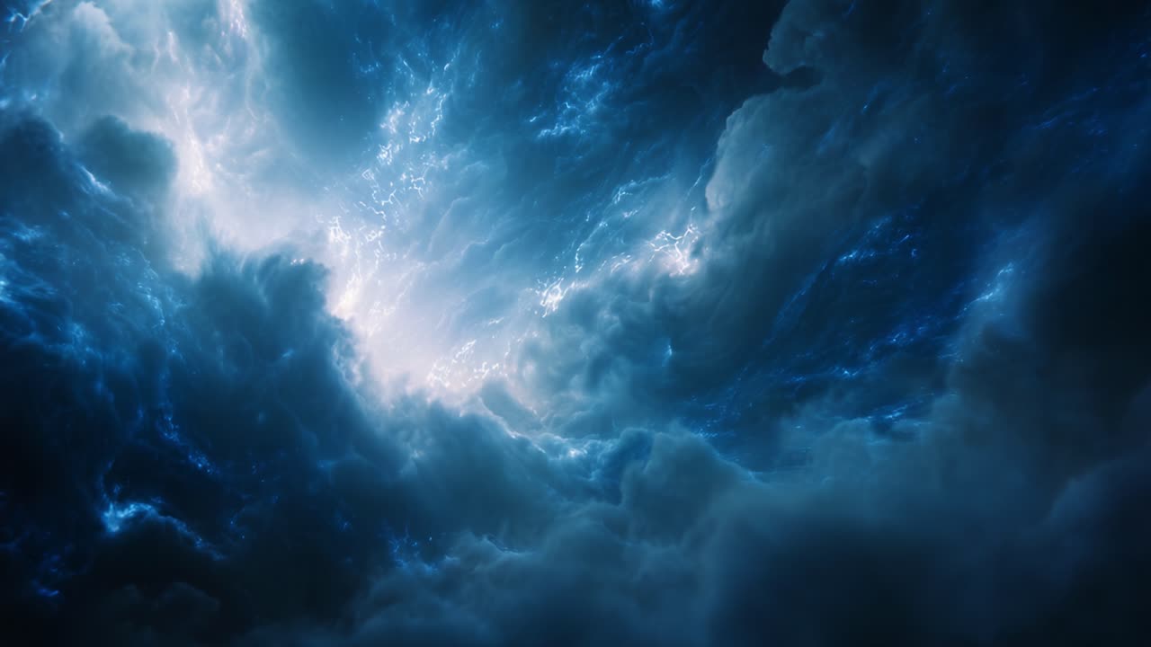 A Spectacular Display of Dark Thunderous Clouds Illuminated by Brilliant Light in a Mystical Sky: A Journey Through Celestial Phenomena Captured in Dynamic Frames