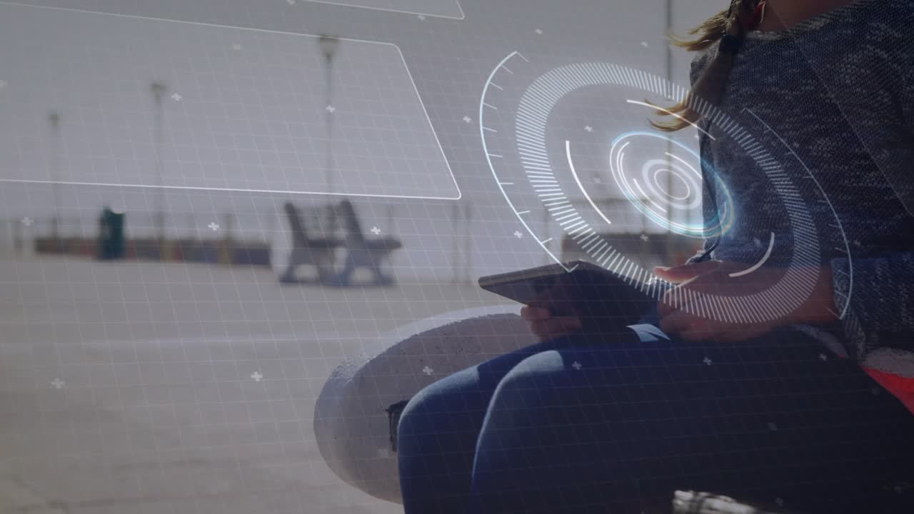 Girl tapping tablet on bench, tech HUD expanding and syncing, donning headphones to listen