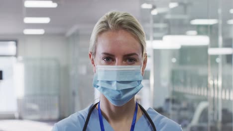 Portrait-of-female-doctor-wearing-face-mask-in-hospital