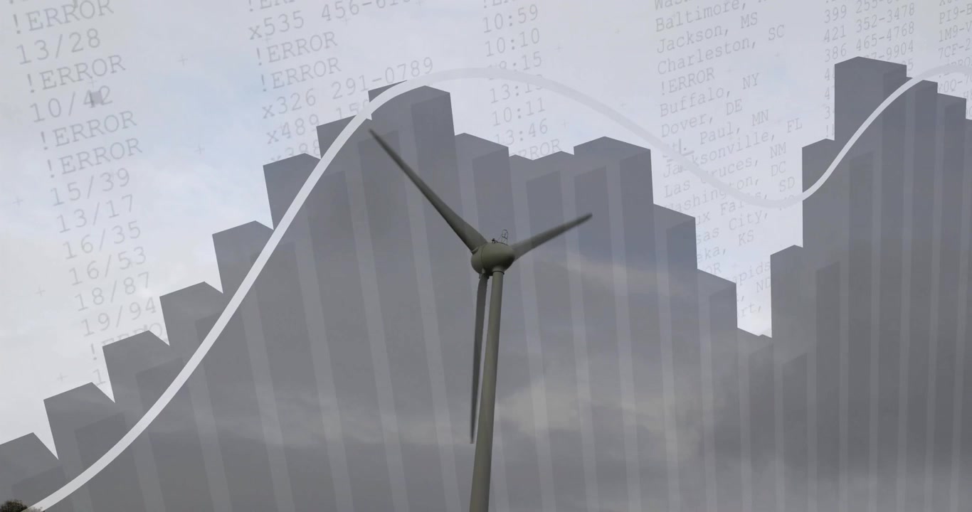 Wind turbine spinning among 3D grey bar chart columns, showing white trend line over data text