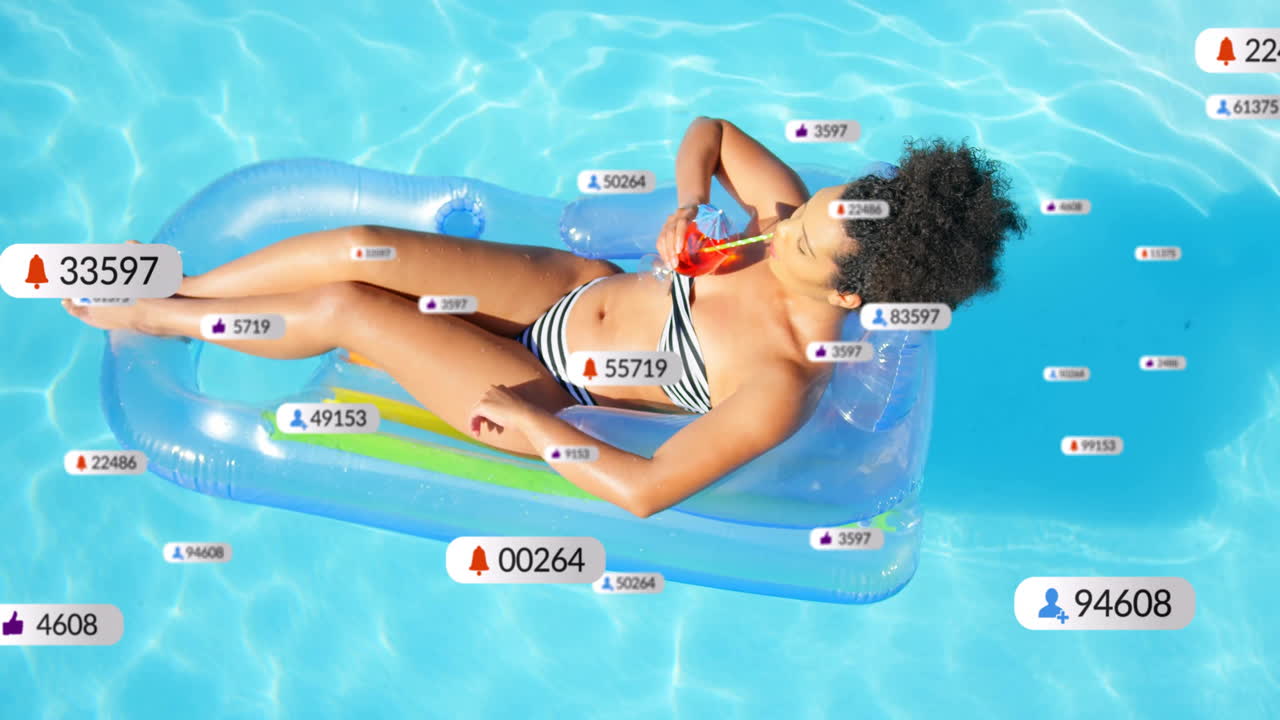 Animation of social media notifications over biracial woman with cocktail in pool