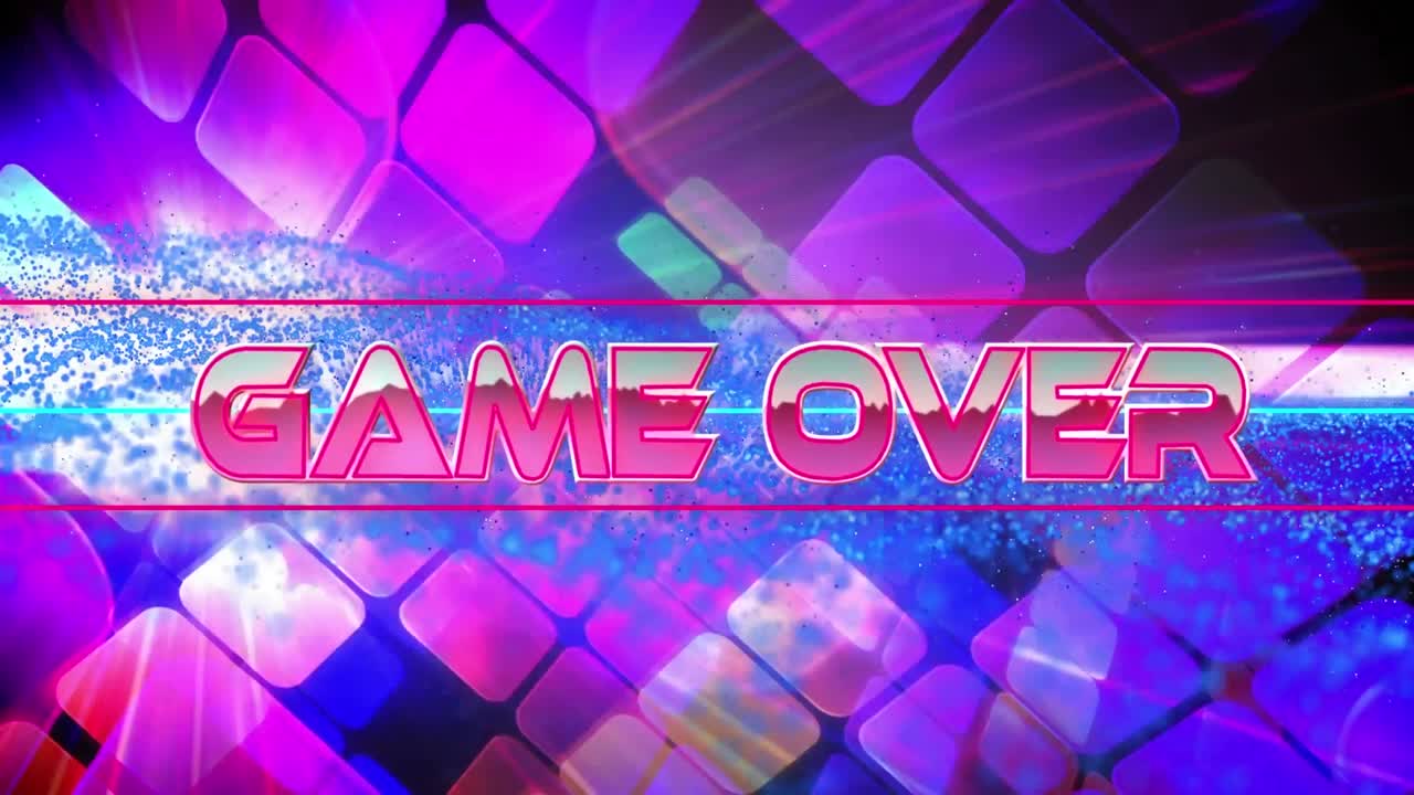 라이트 스과 보라색 사각형 모양에 대항하여 텍스트 배너를 통해 디지털 파동을 통해 게임의 애니메이션