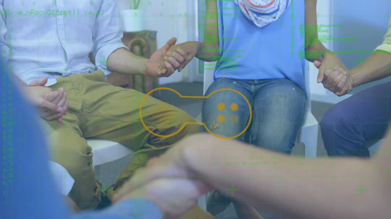 데이터 처리 및 게임 패드의 애니메이션 다양한 비즈니스 사람들이 손을 잡고