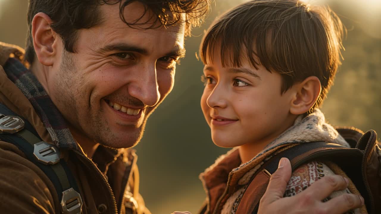 Leaning father putting hand on son's shoulder in park, soothing son looking up and smiling, jackets