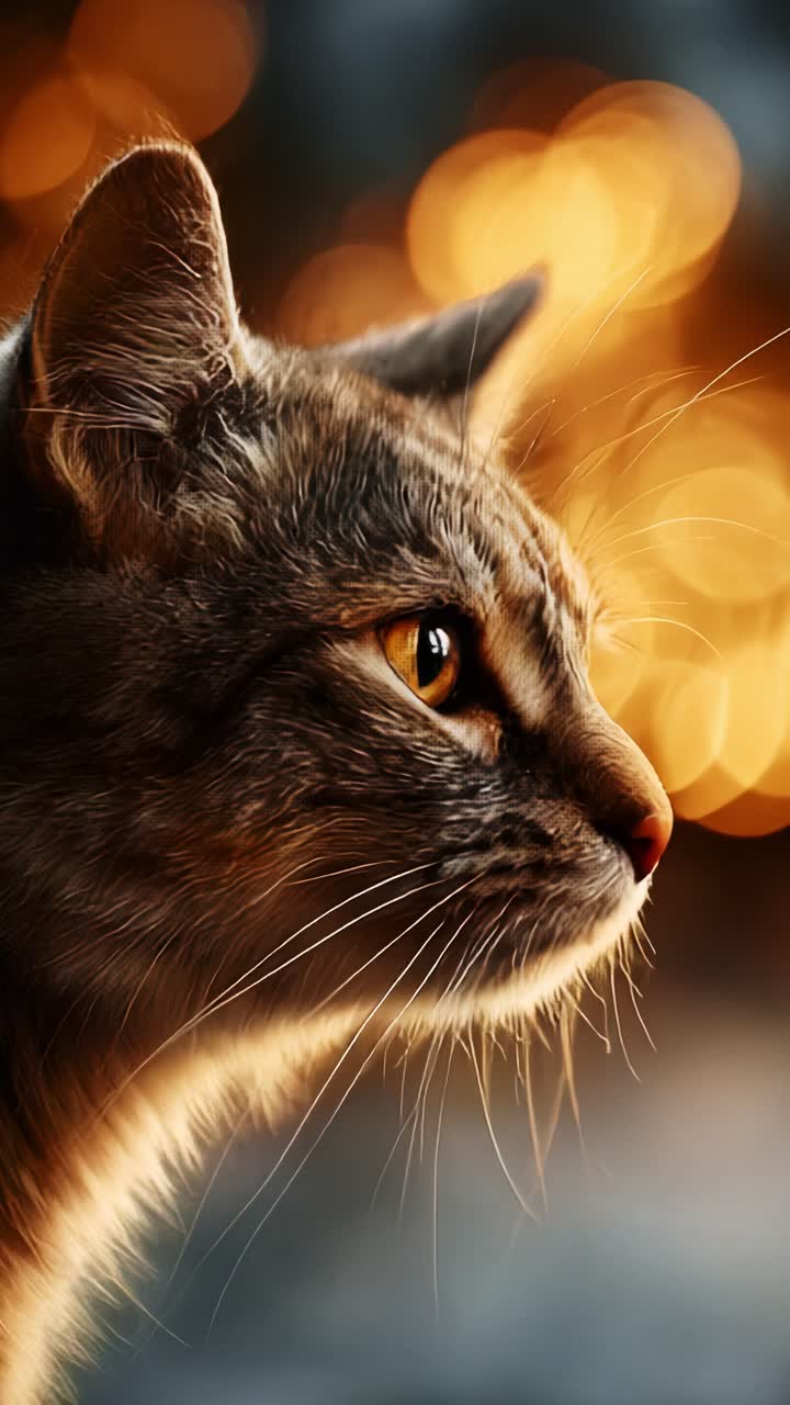 Gatto maestoso che guarda pensieroso con sfondo bokeh delicato, mettendo in risalto i suoi tratti sorprendenti e gli accattivanti occhi colorati in un'atmosfera da sogno