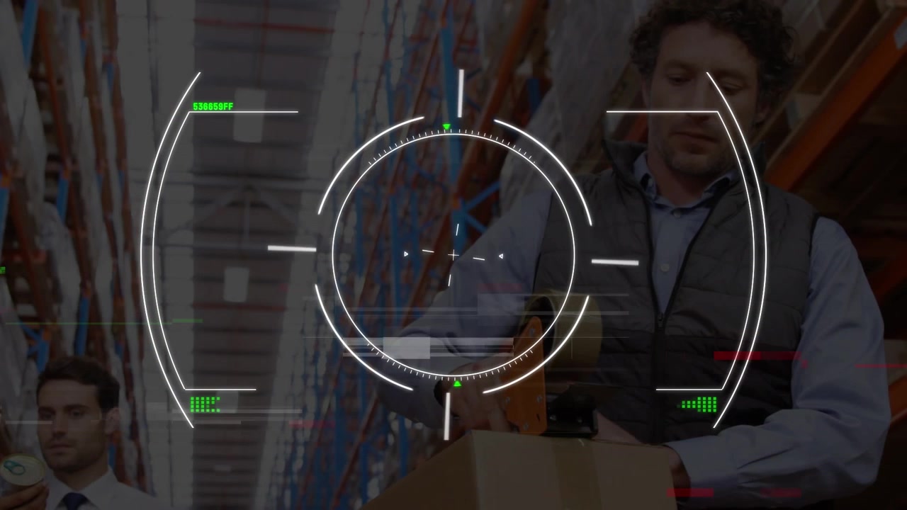 Animazione dell'elaborazione dati su persone che lavorano in un magazzino
