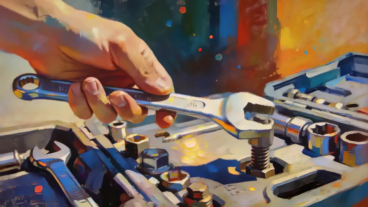 Approaching upper left, hand aligning and tightening combo wrench on bolt at workbench with sockets