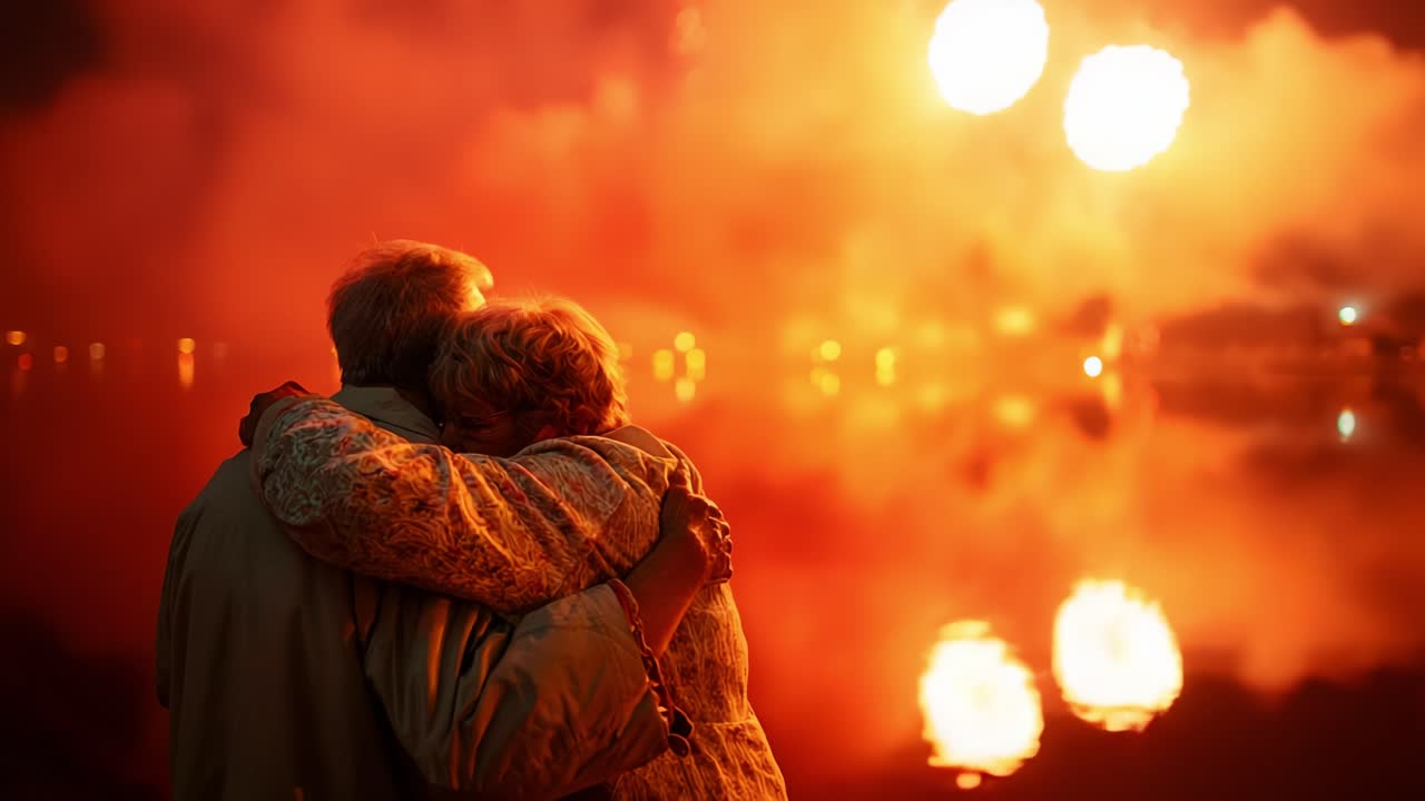 A tender moment captured on a serene evening as a couple embraces amidst the stunning backdrop of vibrant fireworks illuminating the night sky and reflecting on the calm water