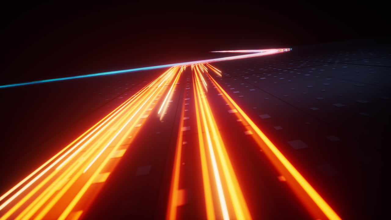 Flowing neon lines with technical board background, 3d rendering