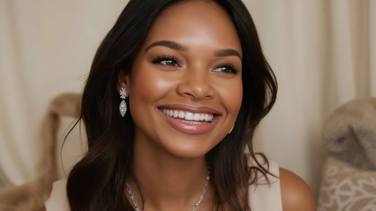 Donna sorridente che allarga il sorriso, inclina la testa e reagisce a un segnale fuori campo in uno studio, indossando un top senza maniche.
