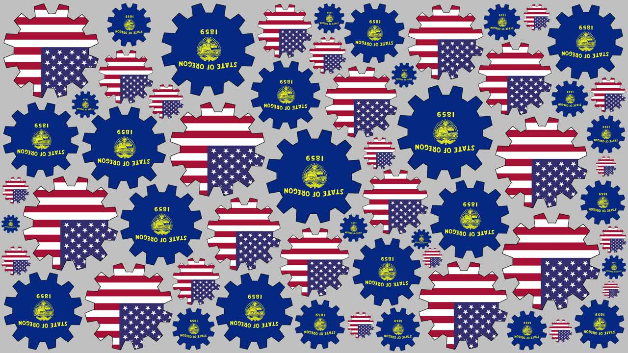 bandera estadounidense y de oregón engranajes girando fondo