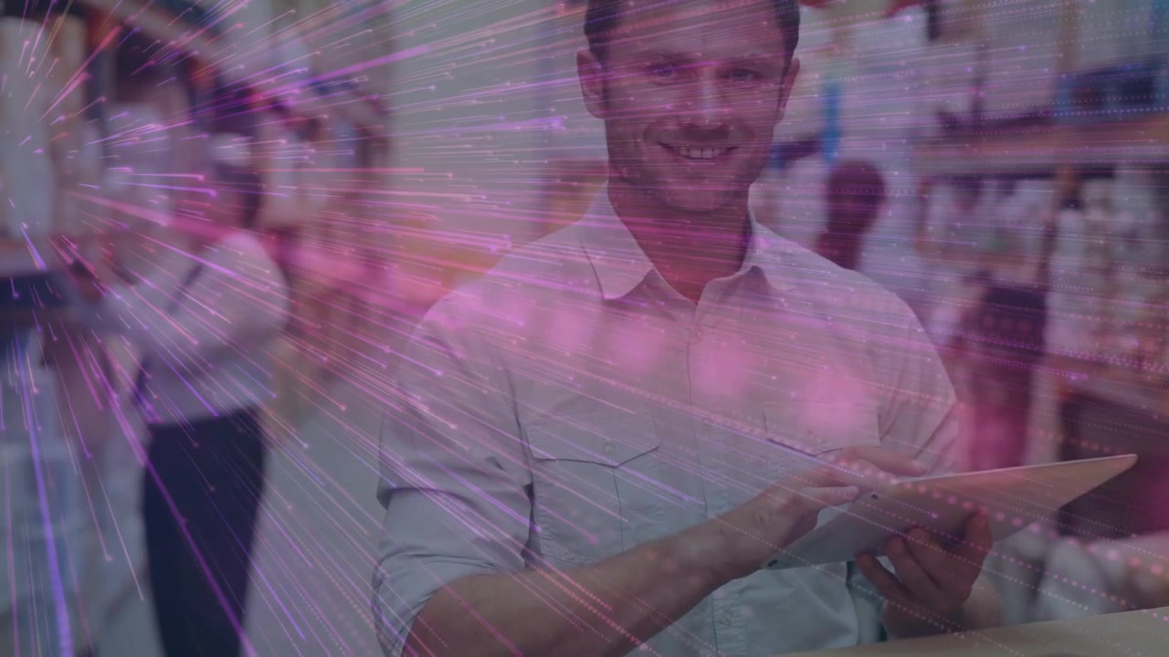 Retail employee tapping tablet, activating purple light overlay while checking inventory, centering