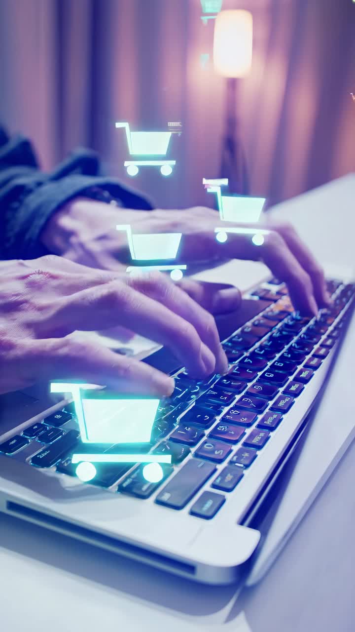 Close-up, angled shot of hands typing on a laptop with floating shopping cart icons