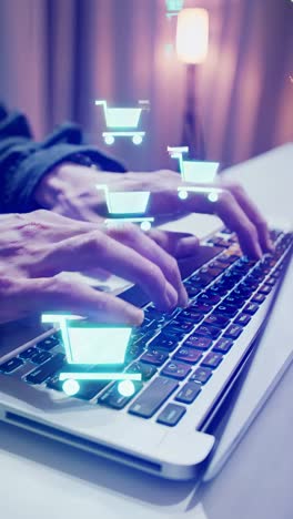 close-up, angled shot of hands typing on a laptop with floating shopping cart icons