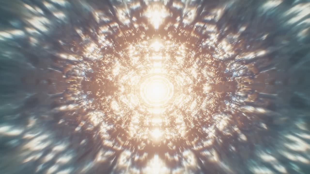 A kaleidoscopic video effect with a central glowing light, viewed from a straight-on angle