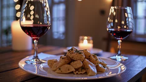 romantic dinner with wine and dumplings