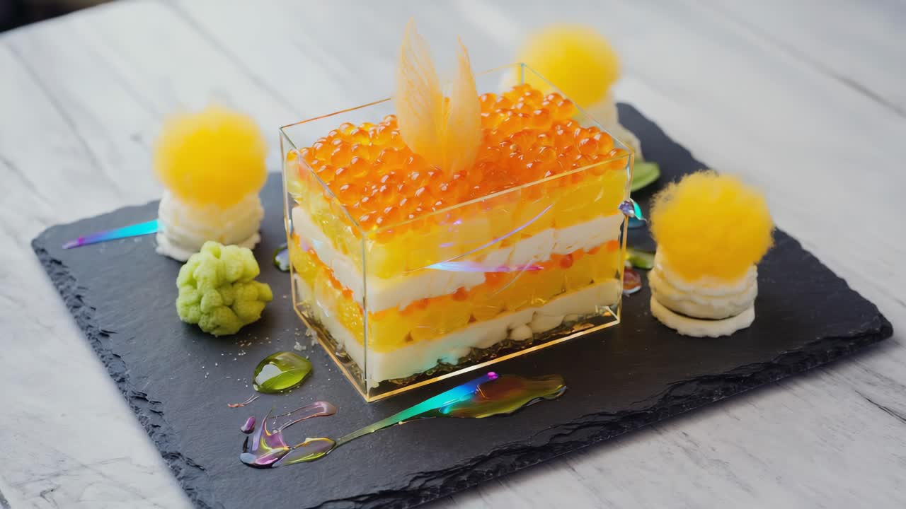 Exquisite Layered Dessert with Orange Caviar Presentation