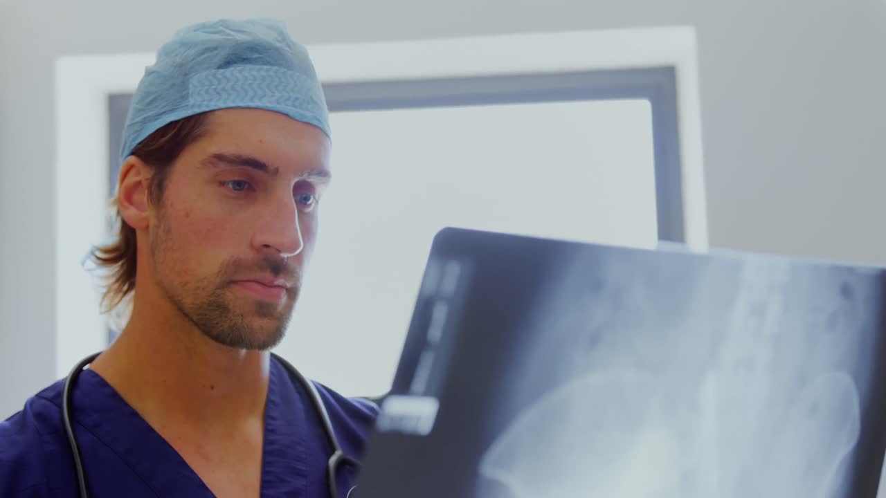 Male doctor examining x-ray report 4k