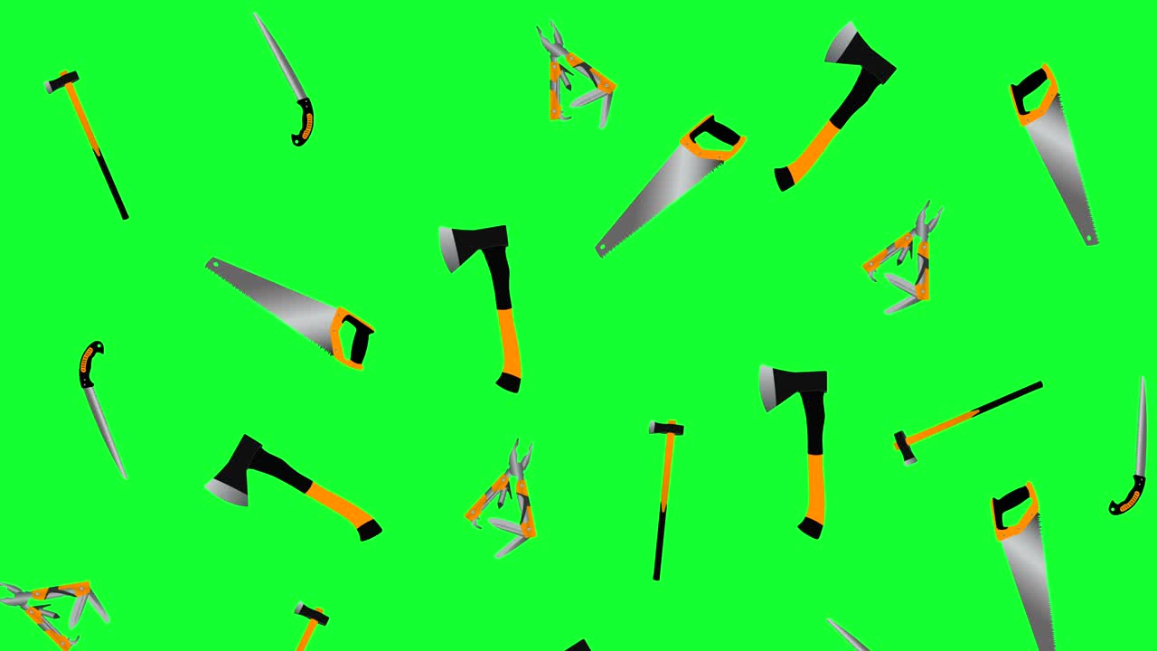정원 도구 작업 요소 애니메이션, 녹색 화면에서 원활한 루프 크로마 키
