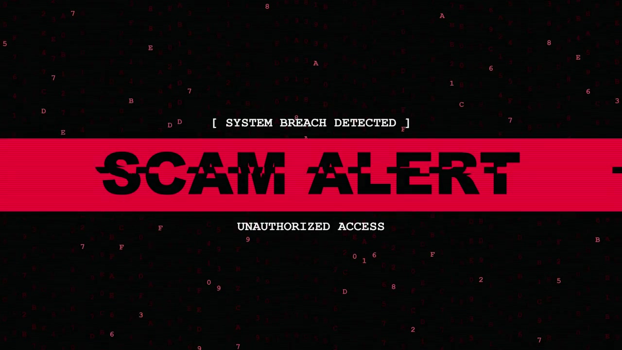 Avviso di truffa digitale con effetto glitch e notifica di violazione del sistema