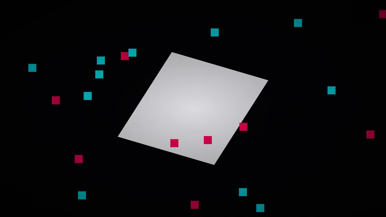 Rotating White Square with Glitch Effects on Black Background