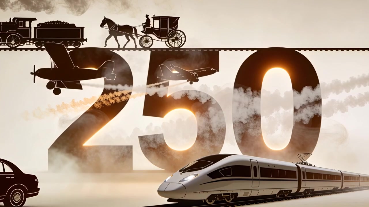 Animazione di un 250 centrato in uno studio color seppia, l'animazione avvia treni e aerei, un cocchiere che indossa un cappotto.