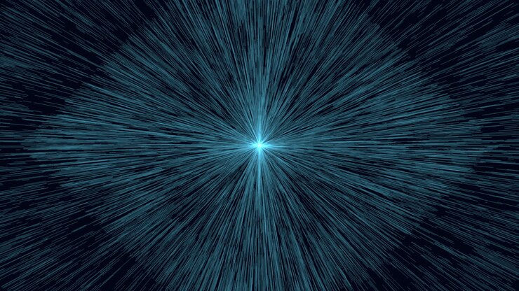 Futuristic warp speed starfield tunnel with blue light burst, space travel