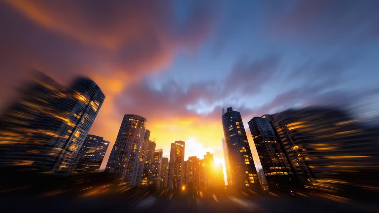 A Stunning Urban Sunset: Vibrant Skyscrapers Beneath a Dramatic Sky Capturing the Golden Hour's Illumination Over the Cityscape in Spectacular Detail