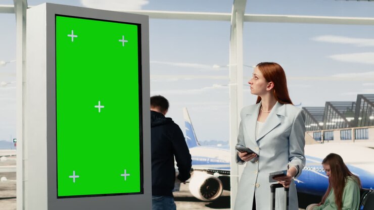 Donna che usa lo smartphone accanto a un cartellone con green screen in aeroporto