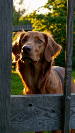 dog looking through a fence at sunset