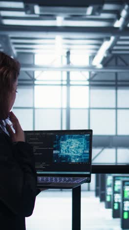 vertical video programmers coding on laptop using artificial intelligence in server farm