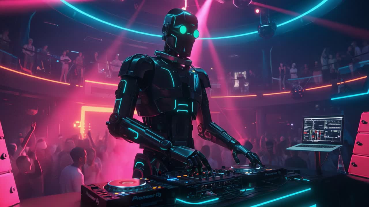 A futuristic DJ robot captivates the crowd with an electrifying performance in a vibrant nightclub, featuring glowing lights and a lively atmosphere filled with energy