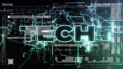 animation of digital data processing over tech texy and computer servers