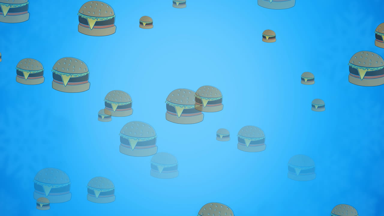 Animation of multiple cheeseburgers floating on blue background