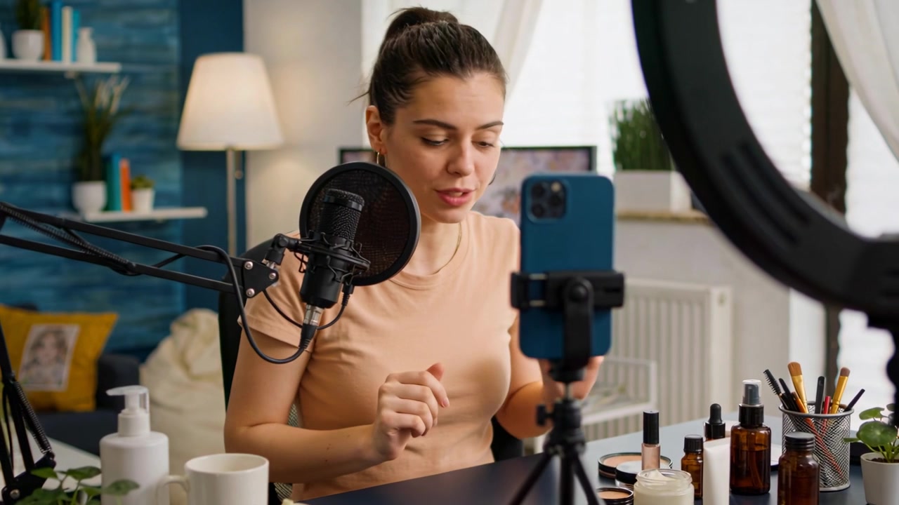 Donna che parla, con una maglietta color cuoio, avvia la registrazione sul telefono, recensendo prodotti per la cura della pelle con un microfono in uno studio casalingo.
