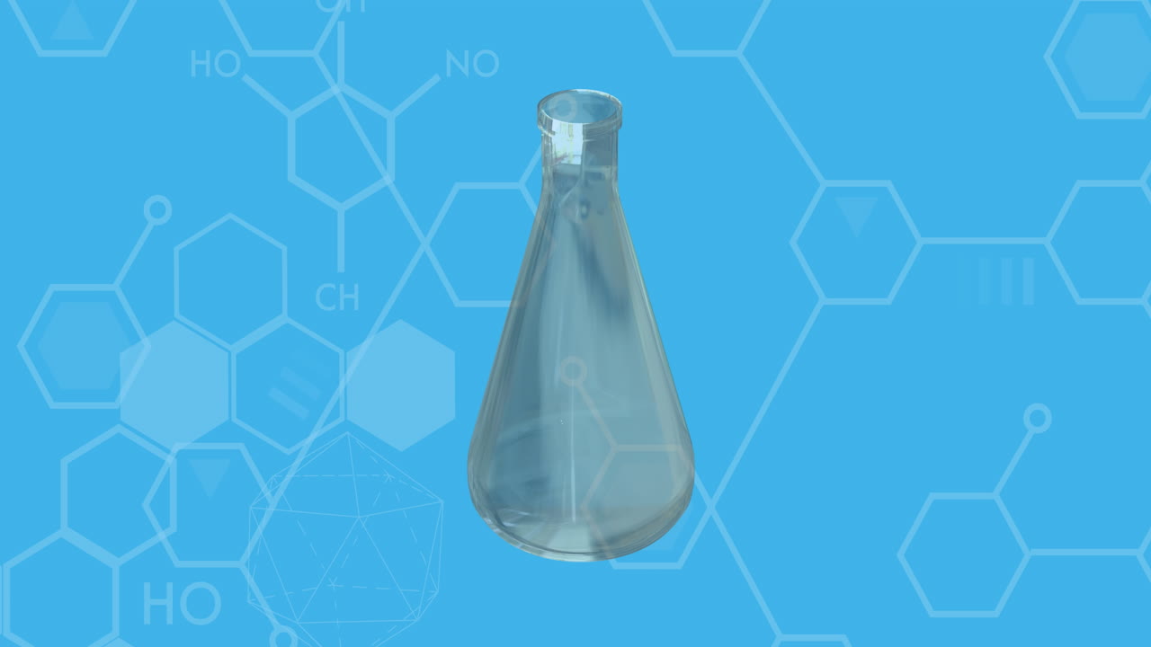 파란색 배경 위에서 시험 플라스크와 dna 줄무 다이어그램을 회전시니다.